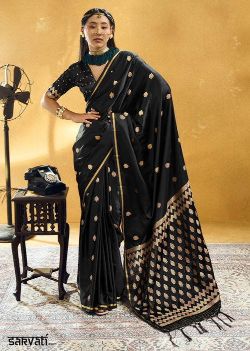 Onyx Black Satin Silk Saree with Woven Butti Accents