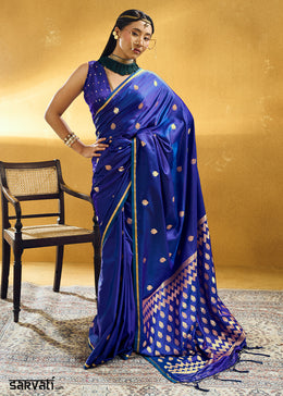 Royal Azure Blue Satin Silk Saree with Woven Butti Accents