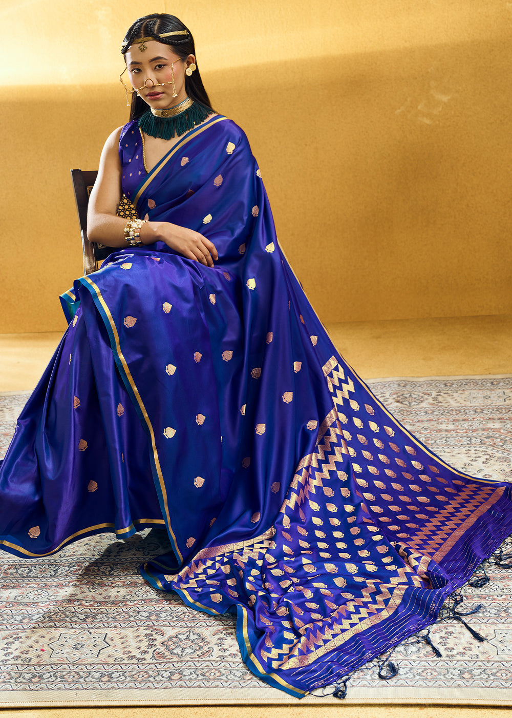Royal Azure Blue Satin Silk Saree with Woven Butti Accents