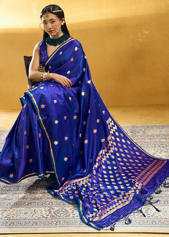 Royal Azure Blue Satin Silk Saree with Woven Butti Accents