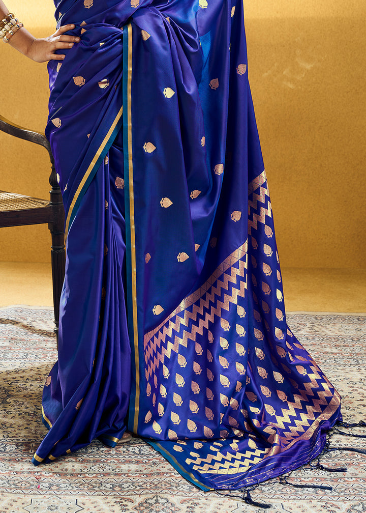 Royal Azure Blue Satin Silk Saree with Woven Butti Accents