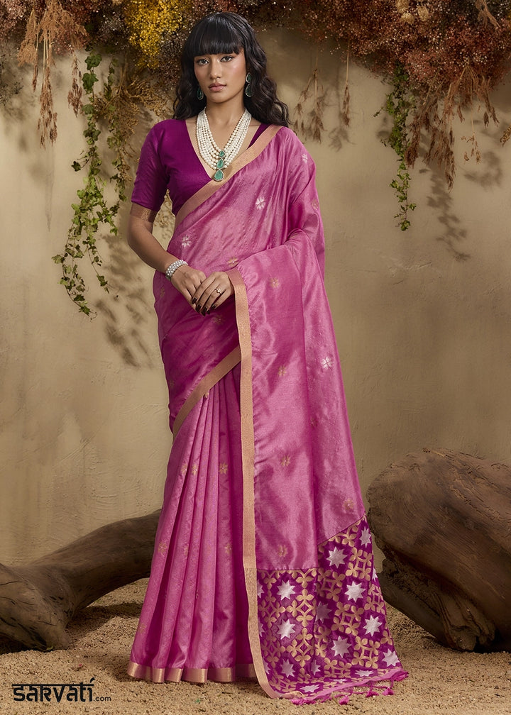 Creamy Pink Tussar Silk Saree with Handwoven Detailing