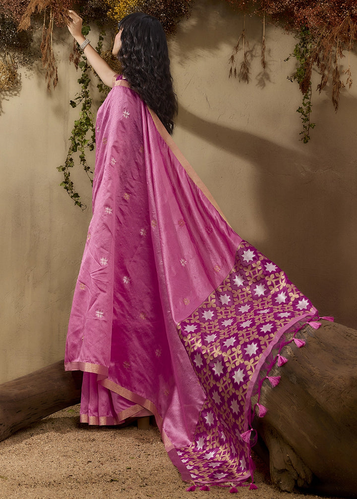 Creamy Pink Tussar Silk Saree with Handwoven Detailing