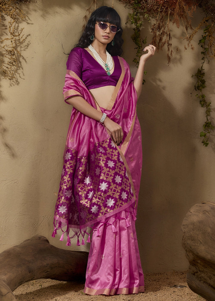 Creamy Pink Tussar Silk Saree with Handwoven Detailing