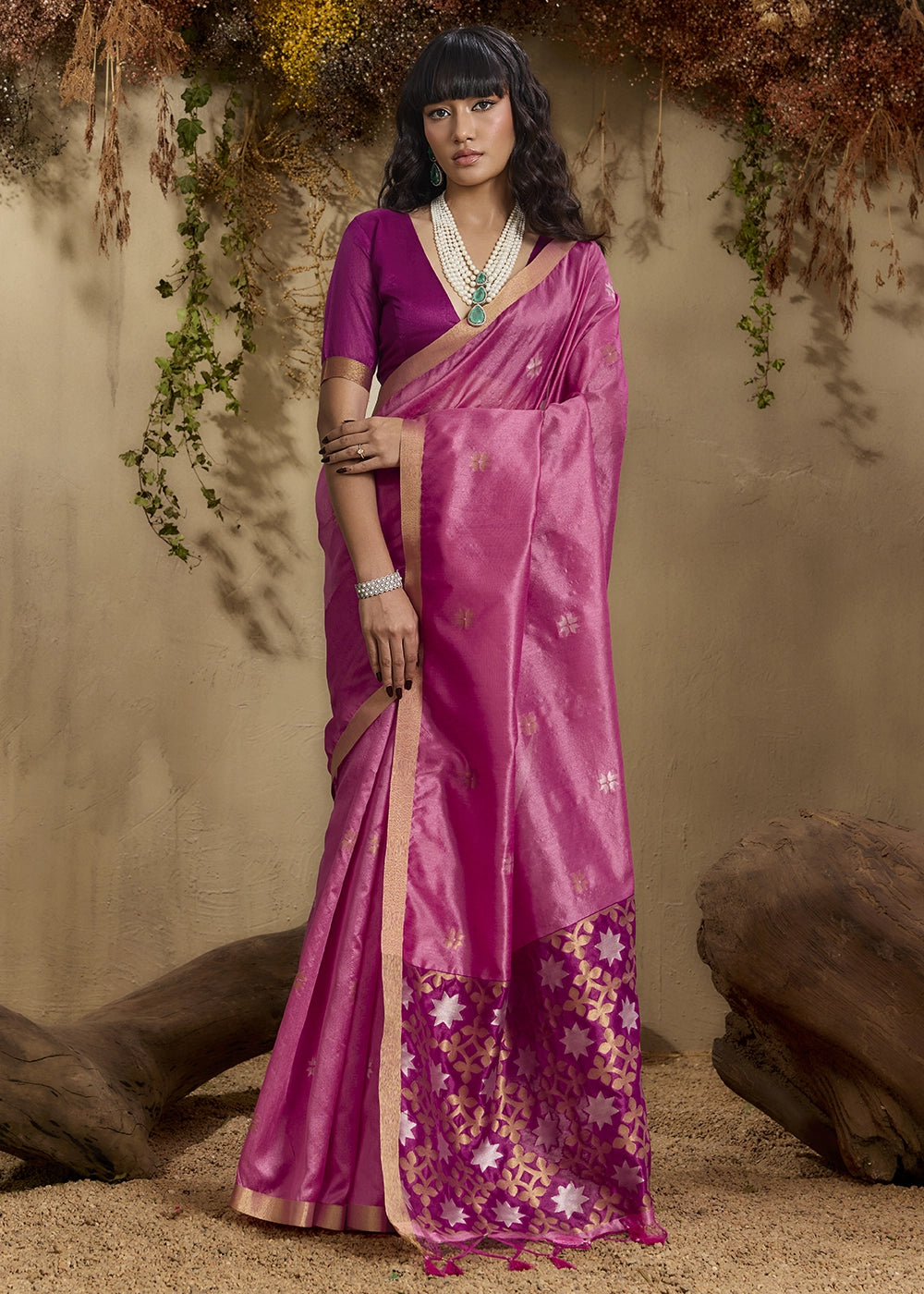 Creamy Pink Tussar Silk Saree with Handwoven Detailing