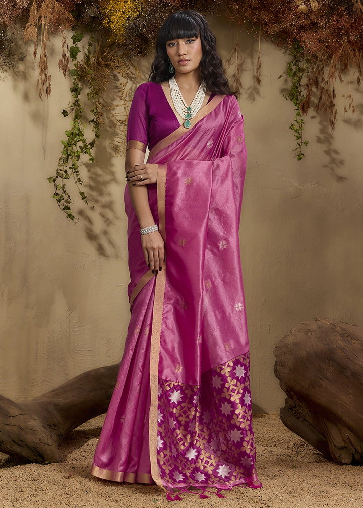 Creamy Pink Tussar Silk Saree with Handwoven Detailing