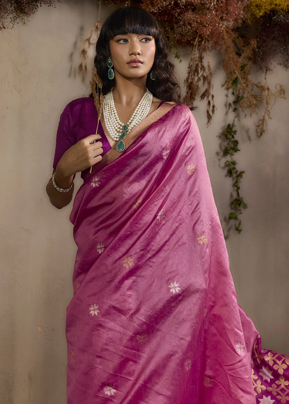 Creamy Pink Tussar Silk Saree with Handwoven Detailing