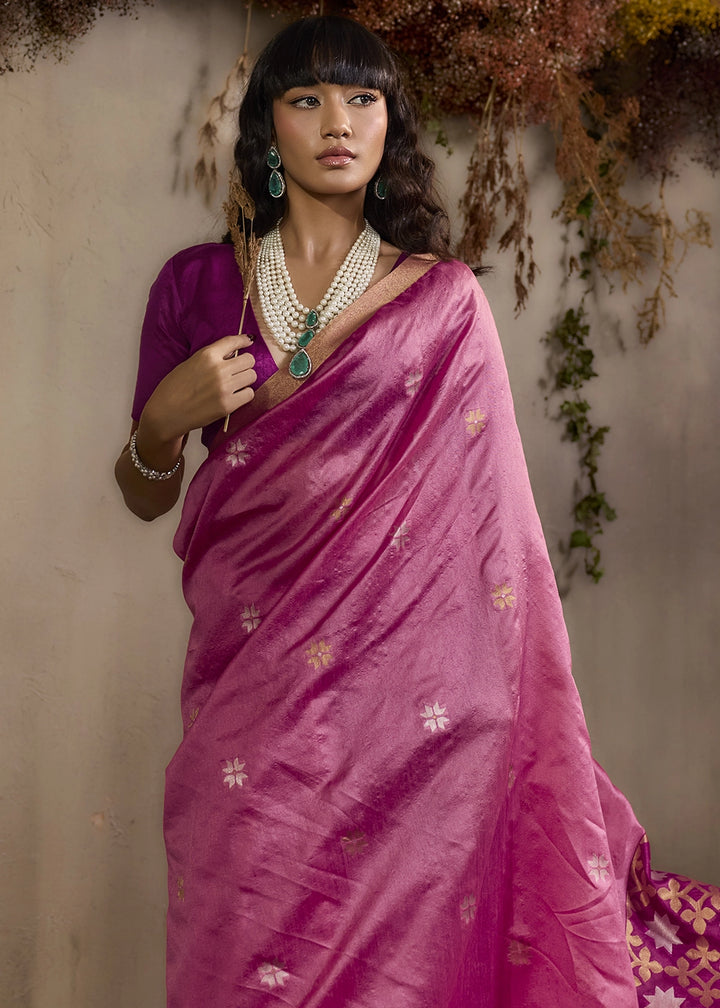 Creamy Pink Tussar Silk Saree with Handwoven Detailing