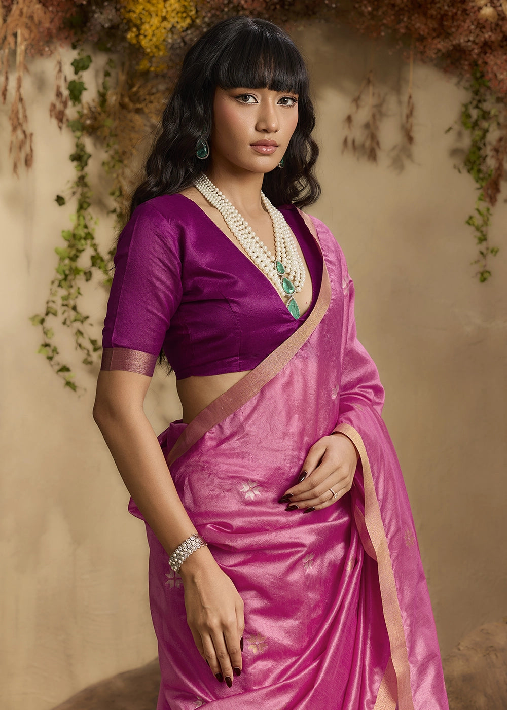 Creamy Pink Tussar Silk Saree with Handwoven Detailing