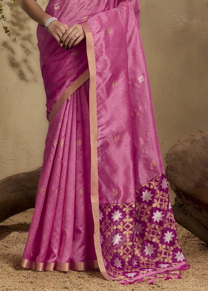 Creamy Pink Tussar Silk Saree with Handwoven Detailing