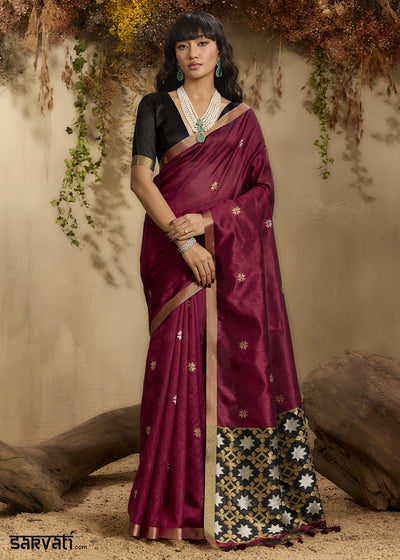 Maroon Red Tussar Silk Saree with Handwoven Detailing