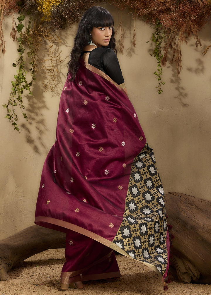 Maroon Red Tussar Silk Saree with Handwoven Detailing