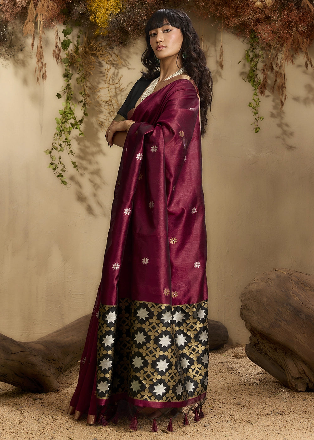 Maroon Red Tussar Silk Saree with Handwoven Detailing