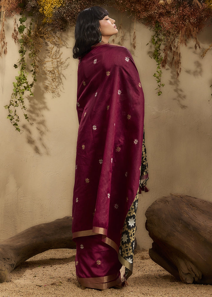 Maroon Red Tussar Silk Saree with Handwoven Detailing
