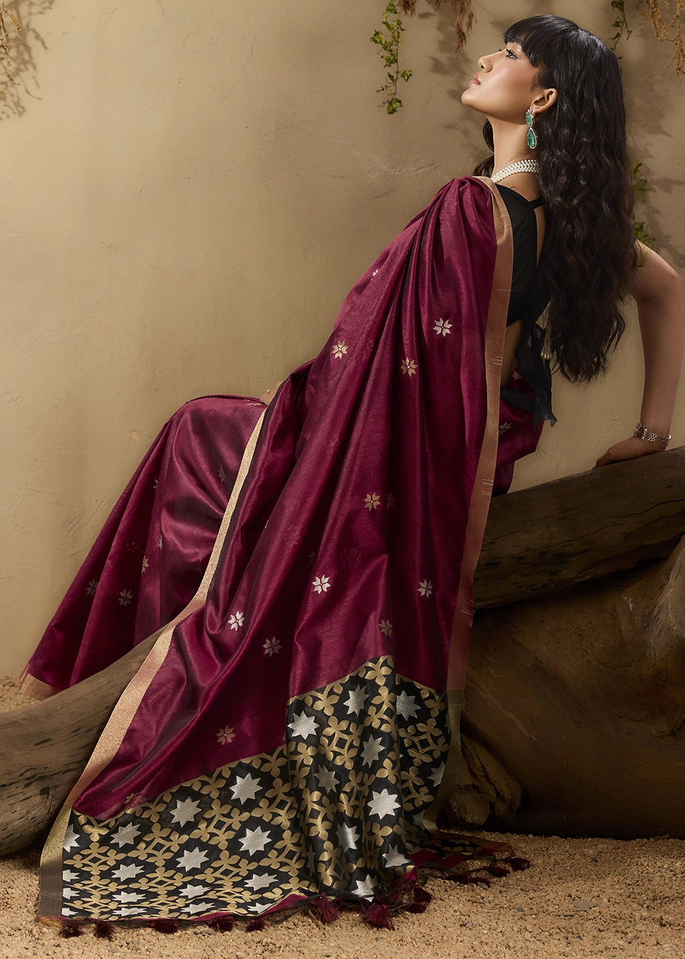 Maroon Red Tussar Silk Saree with Handwoven Detailing