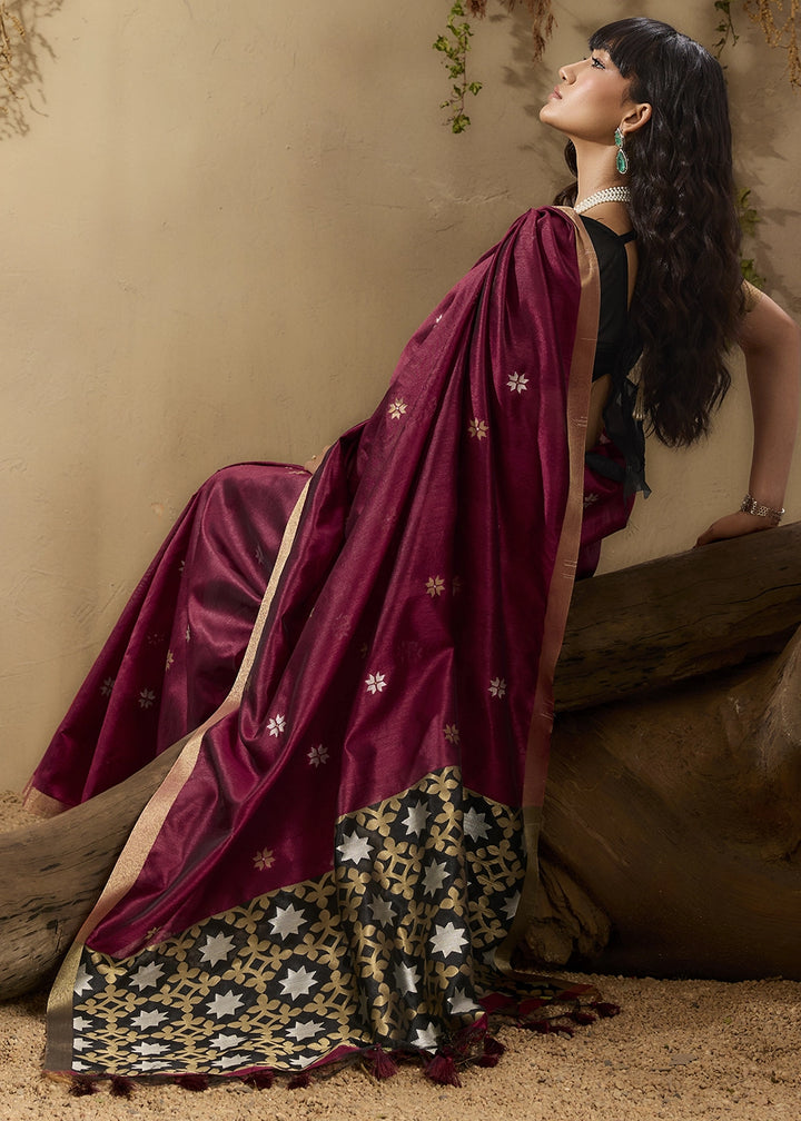 Maroon Red Tussar Silk Saree with Handwoven Detailing