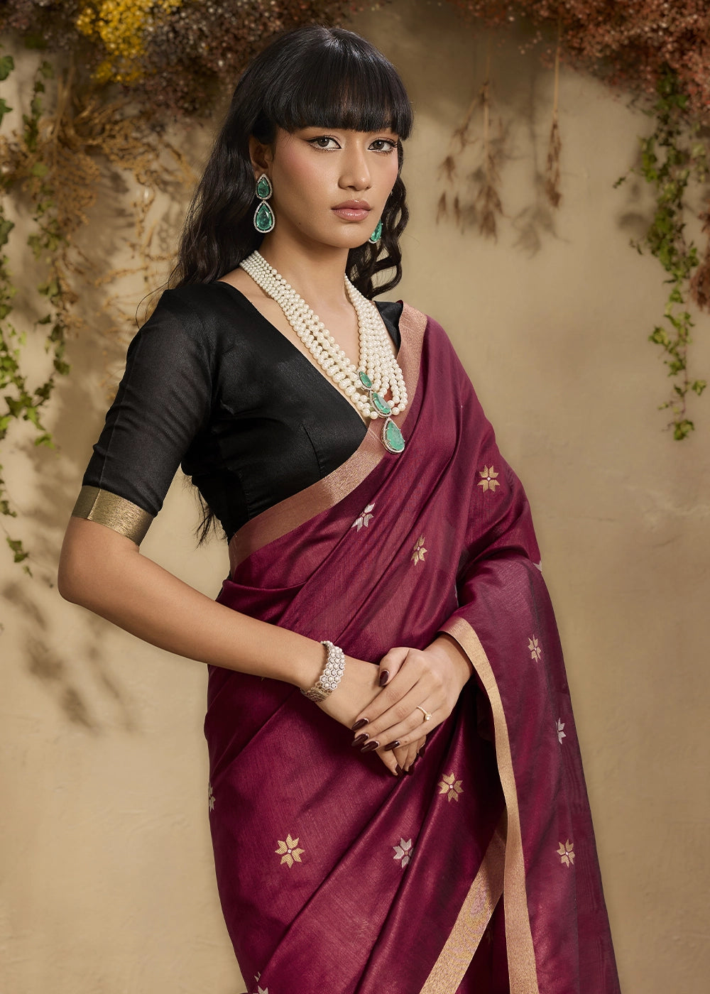 Maroon Red Tussar Silk Saree with Handwoven Detailing