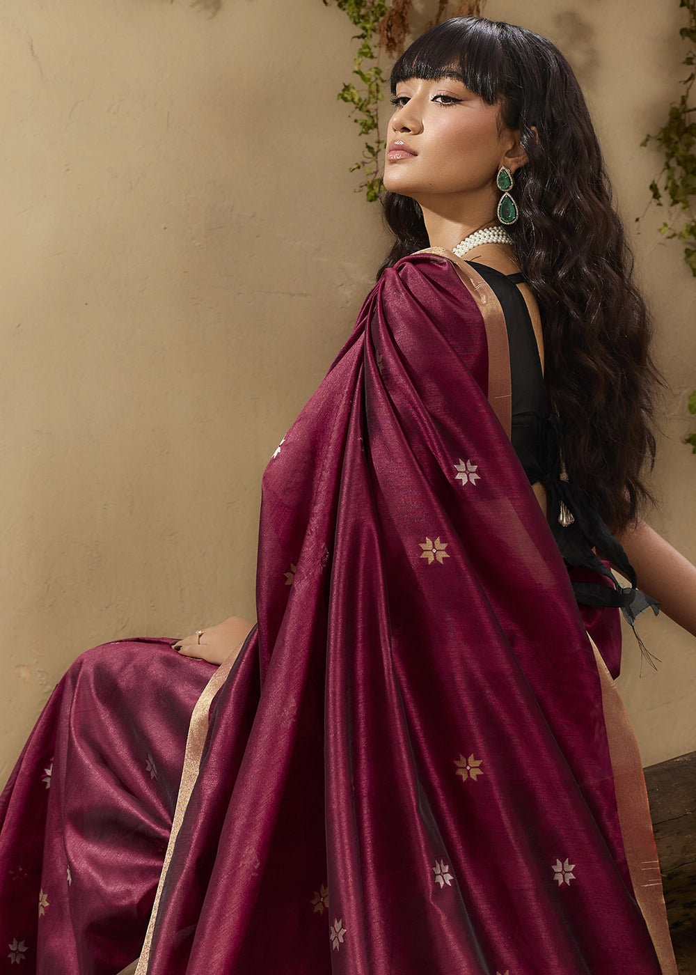 Maroon Red Tussar Silk Saree with Handwoven Detailing