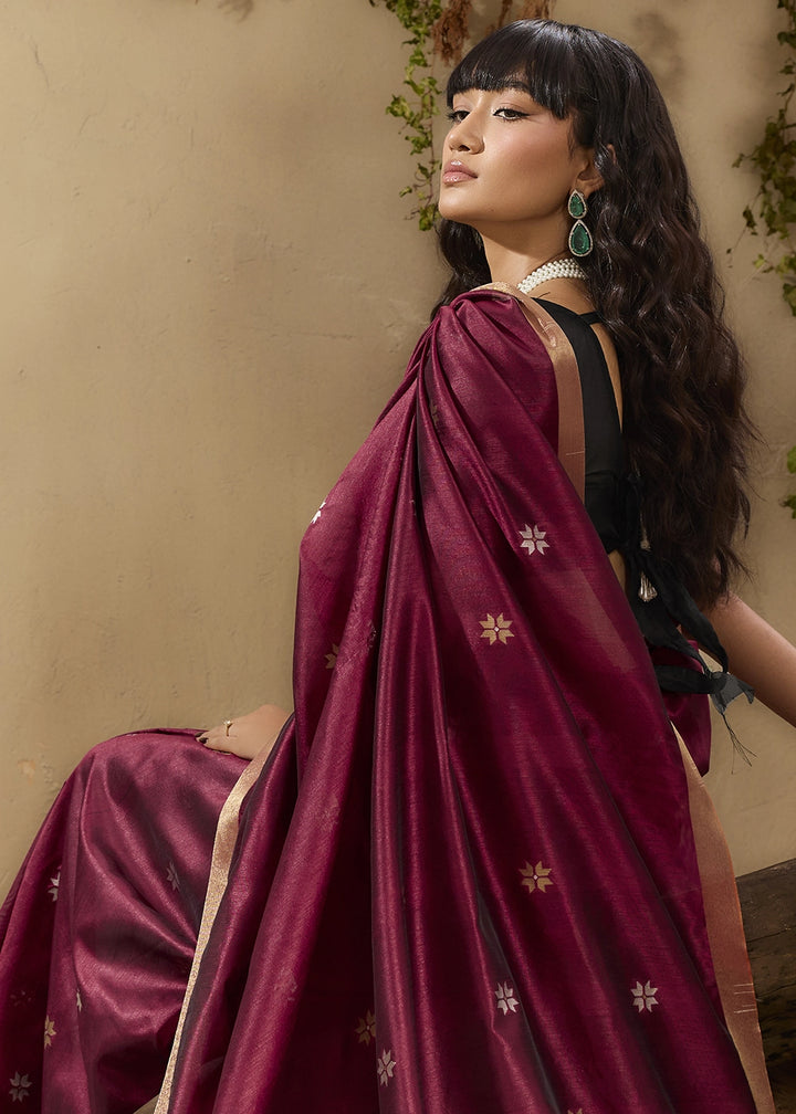 Maroon Red Tussar Silk Saree with Handwoven Detailing