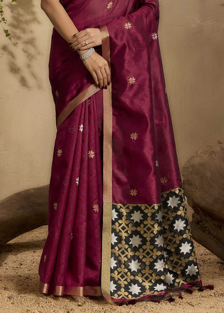 Maroon Red Tussar Silk Saree with Handwoven Detailing