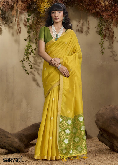 Canary Yellow Tussar Silk Saree with Handwoven Detailing