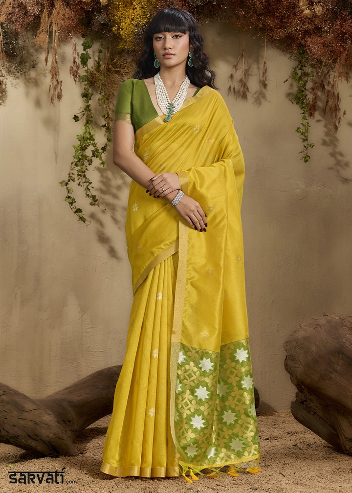 Canary Yellow Tussar Silk Saree with Handwoven Detailing