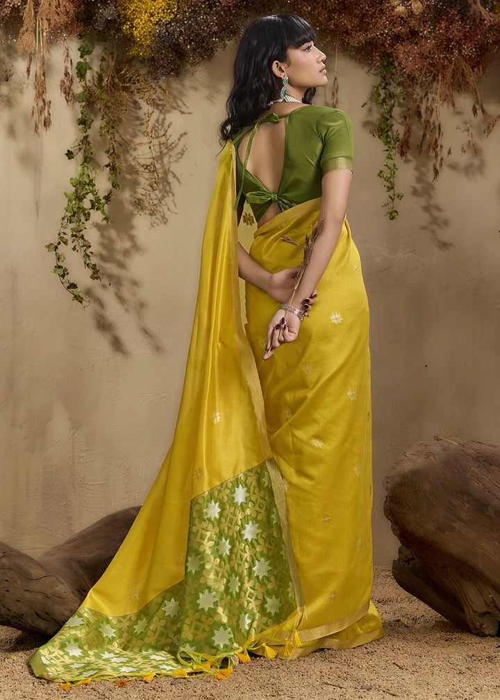 Canary Yellow Tussar Silk Saree with Handwoven Detailing
