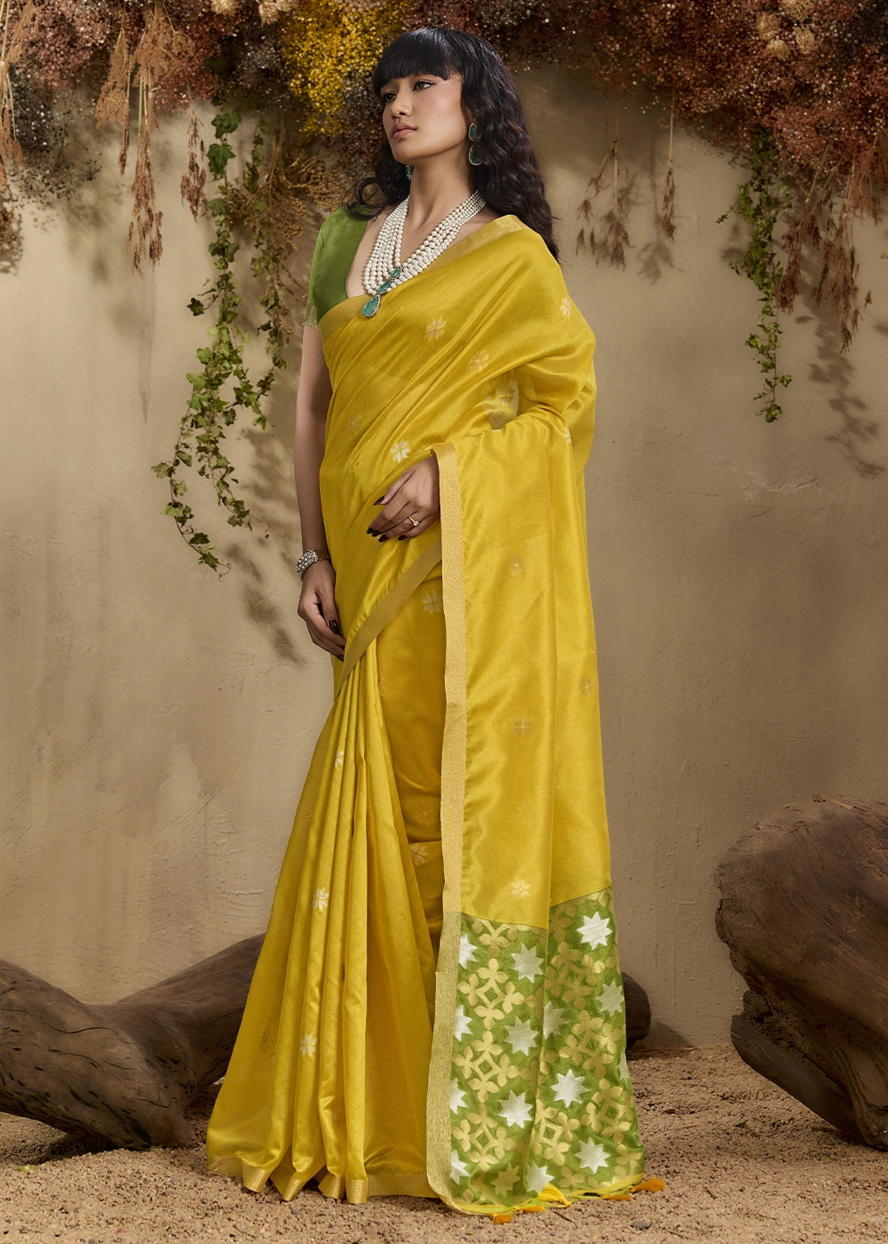 Canary Yellow Tussar Silk Saree with Handwoven Detailing