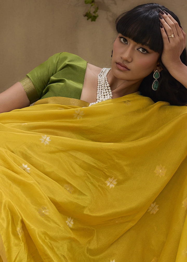 Canary Yellow Tussar Silk Saree with Handwoven Detailing