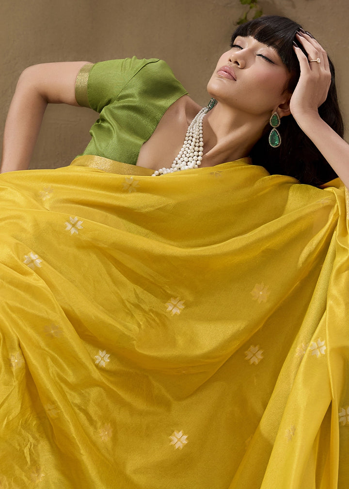 Canary Yellow Tussar Silk Saree with Handwoven Detailing