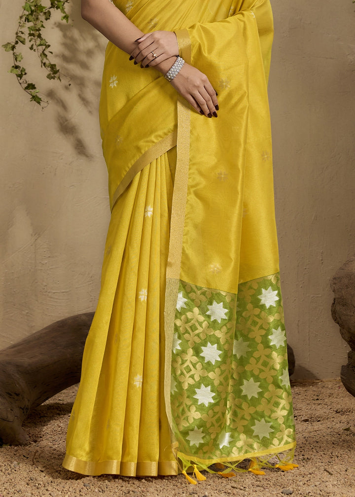 Canary Yellow Tussar Silk Saree with Handwoven Detailing