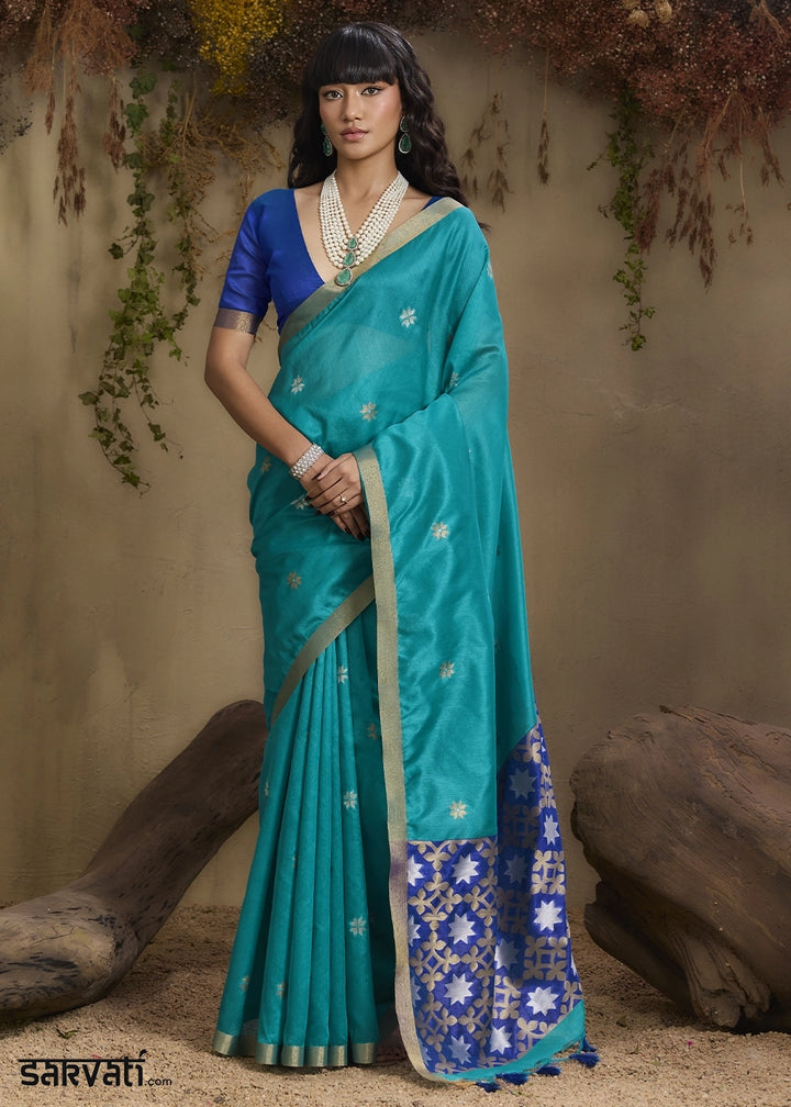 Tiffany Blue Tussar Silk Saree with Handwoven Detailing