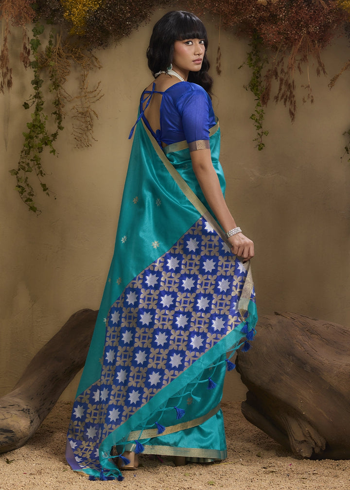 Tiffany Blue Tussar Silk Saree with Handwoven Detailing
