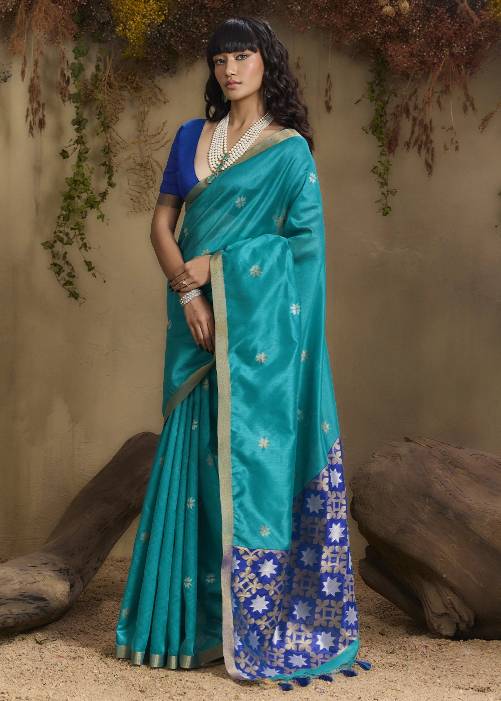 Tiffany Blue Tussar Silk Saree with Handwoven Detailing
