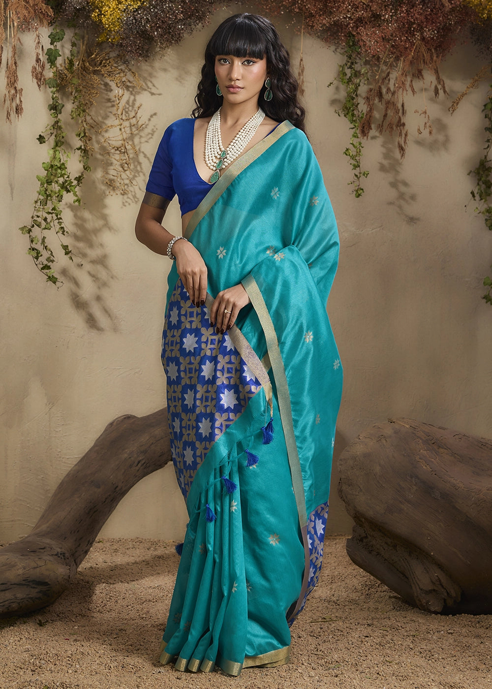 Tiffany Blue Tussar Silk Saree with Handwoven Detailing