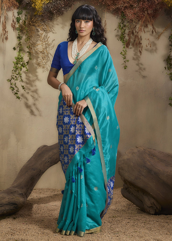 Tiffany Blue Tussar Silk Saree with Handwoven Detailing