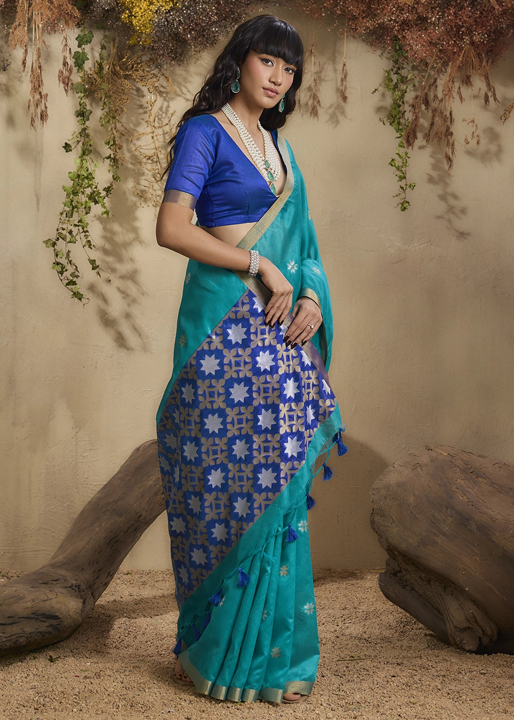 Tiffany Blue Tussar Silk Saree with Handwoven Detailing