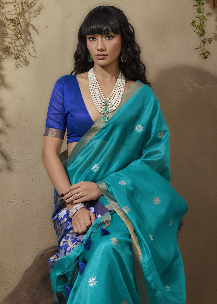 Tiffany Blue Tussar Silk Saree with Handwoven Detailing