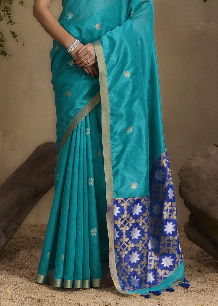 Tiffany Blue Tussar Silk Saree with Handwoven Detailing