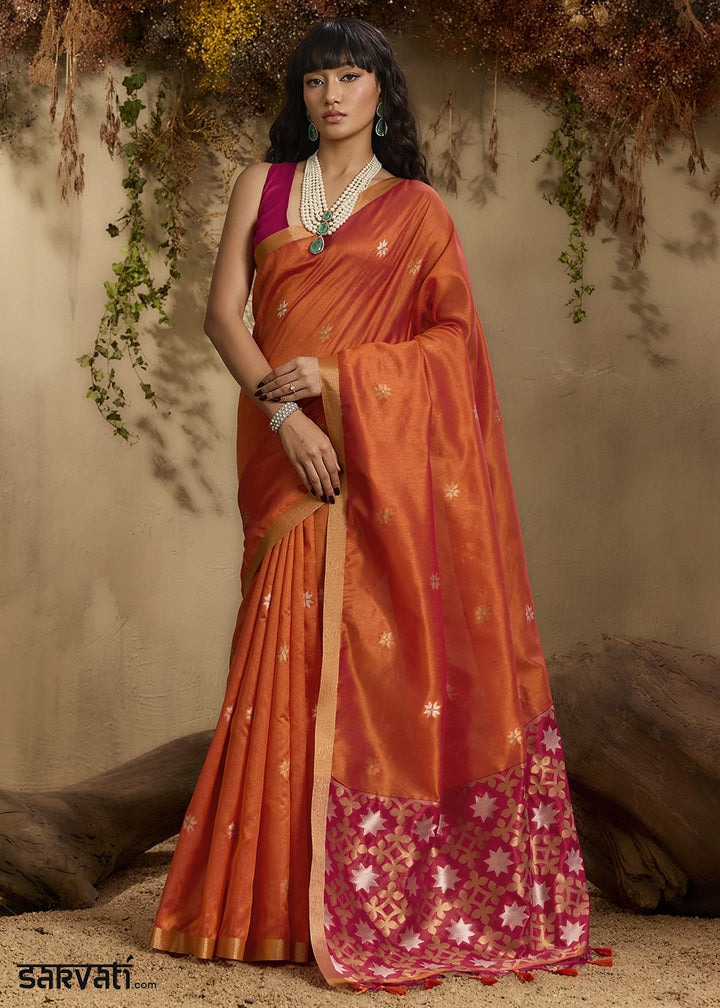 Lava Orange Tussar Silk Saree with Handwoven Detailing