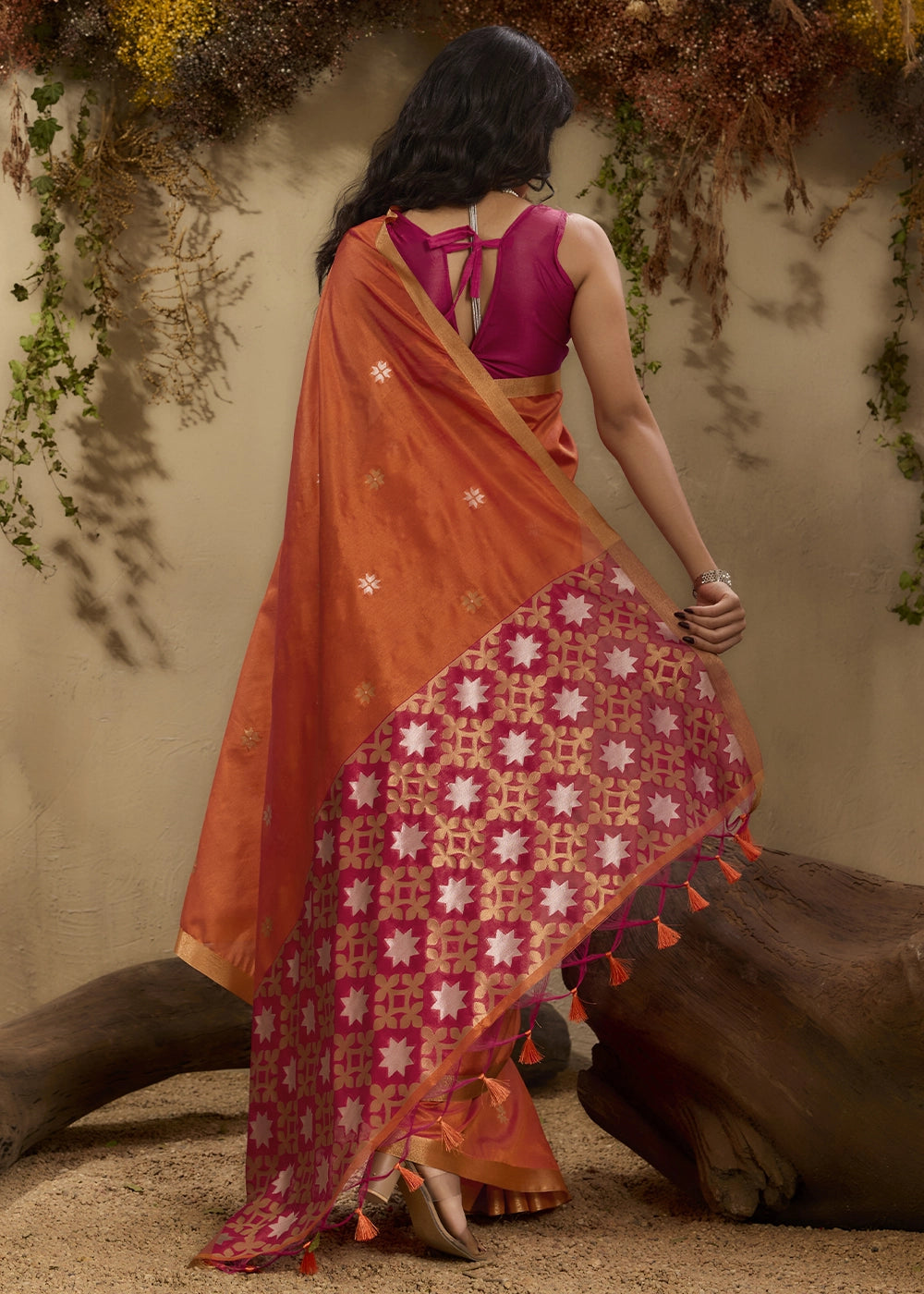 Lava Orange Tussar Silk Saree with Handwoven Detailing