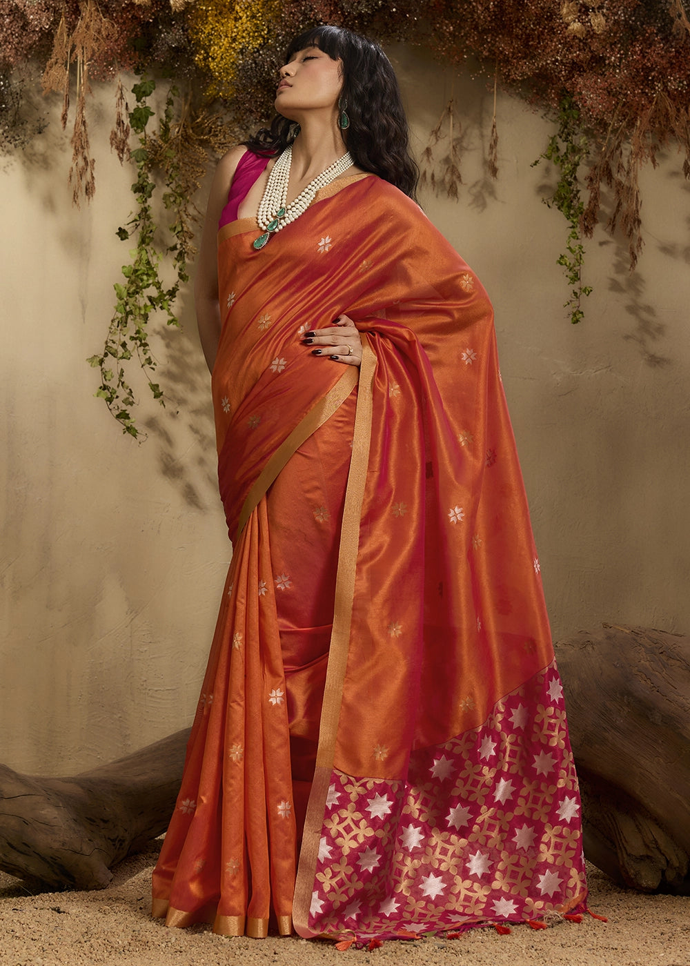 Lava Orange Tussar Silk Saree with Handwoven Detailing