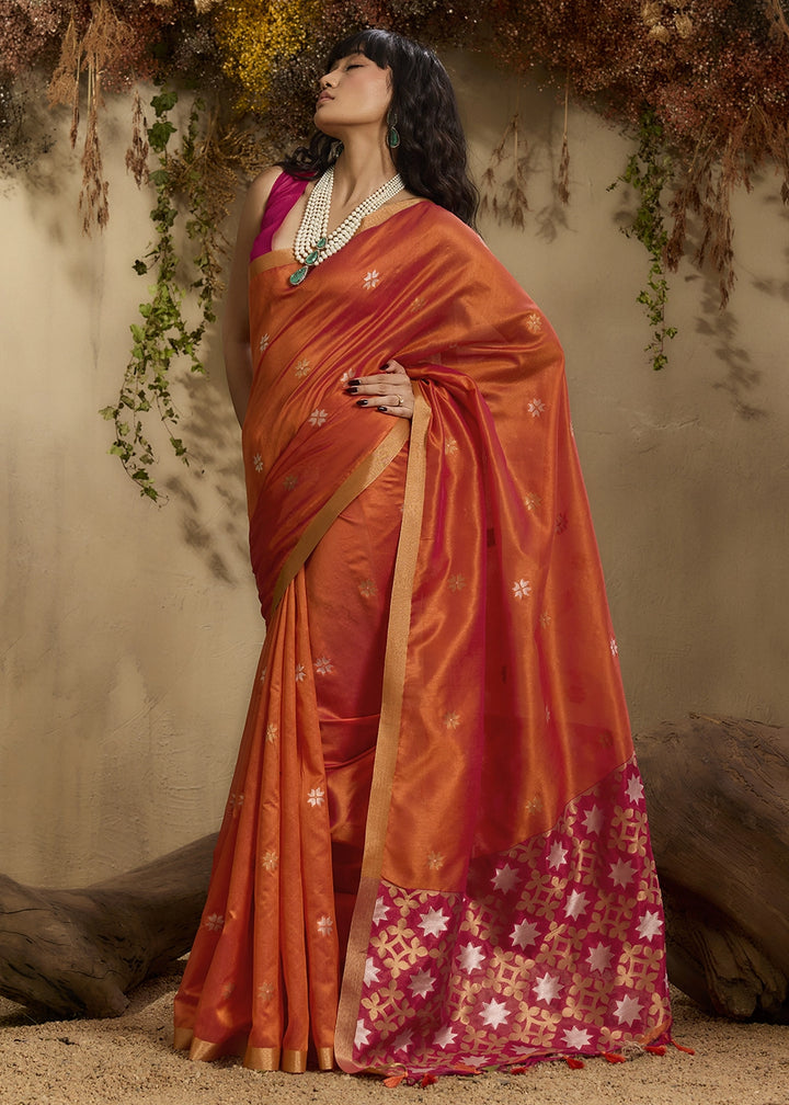 Lava Orange Tussar Silk Saree with Handwoven Detailing