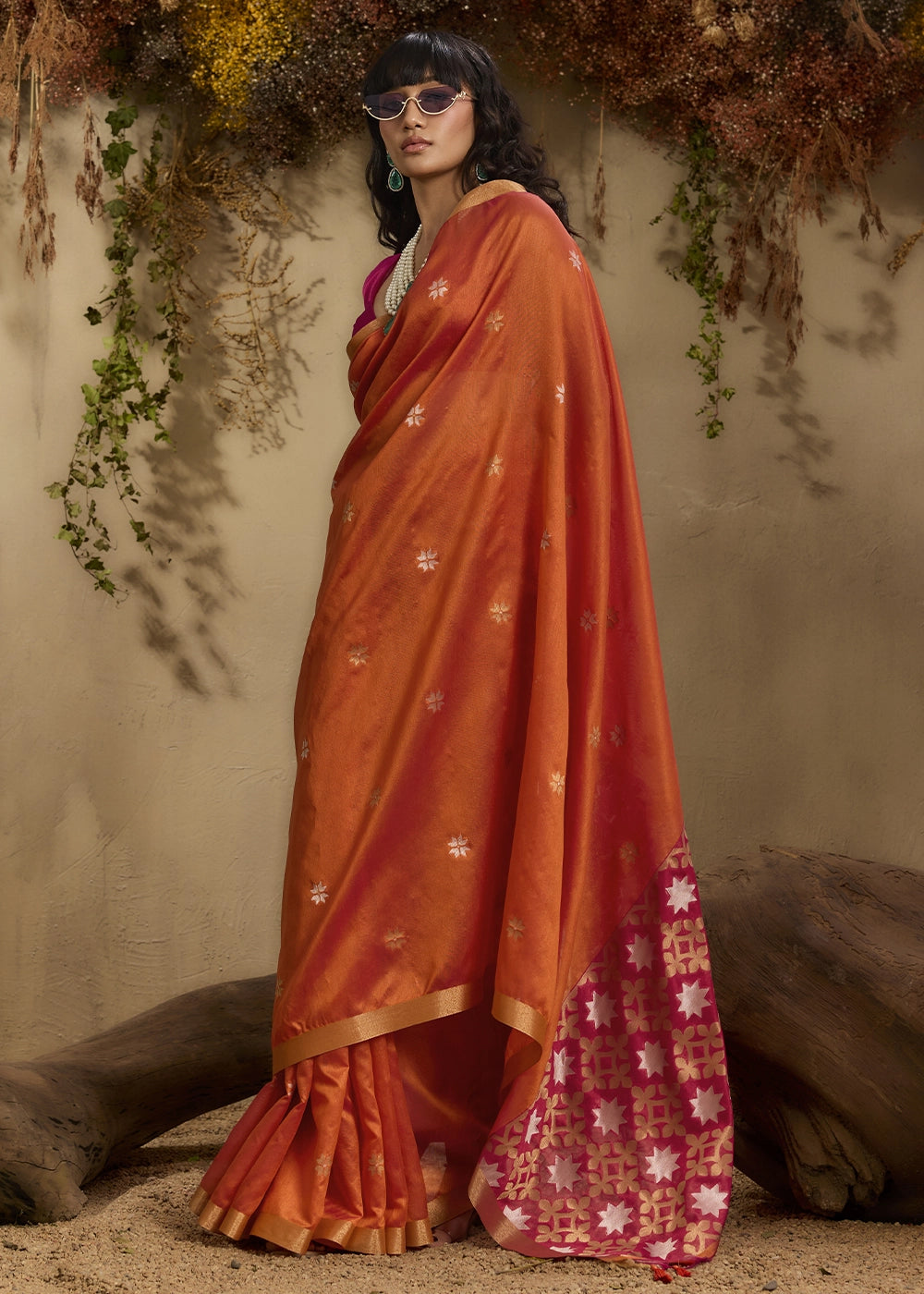 Lava Orange Tussar Silk Saree with Handwoven Detailing