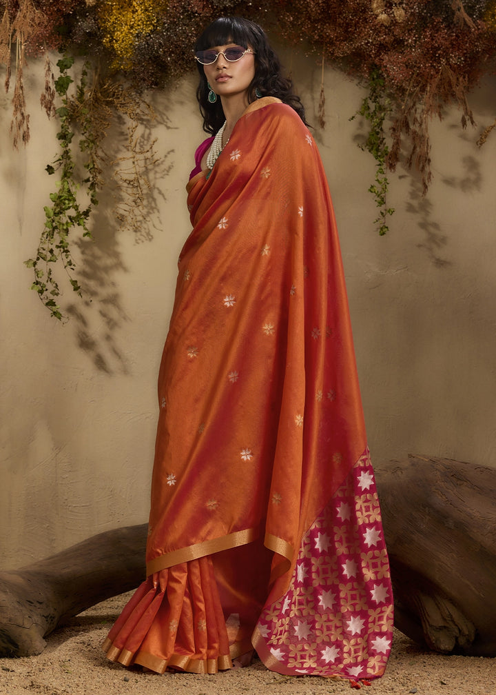 Lava Orange Tussar Silk Saree with Handwoven Detailing