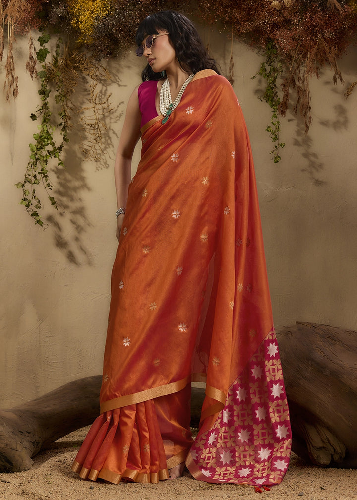 Lava Orange Tussar Silk Saree with Handwoven Detailing