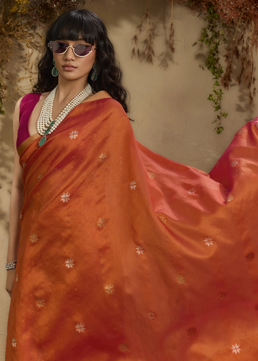 Lava Orange Tussar Silk Saree with Handwoven Detailing