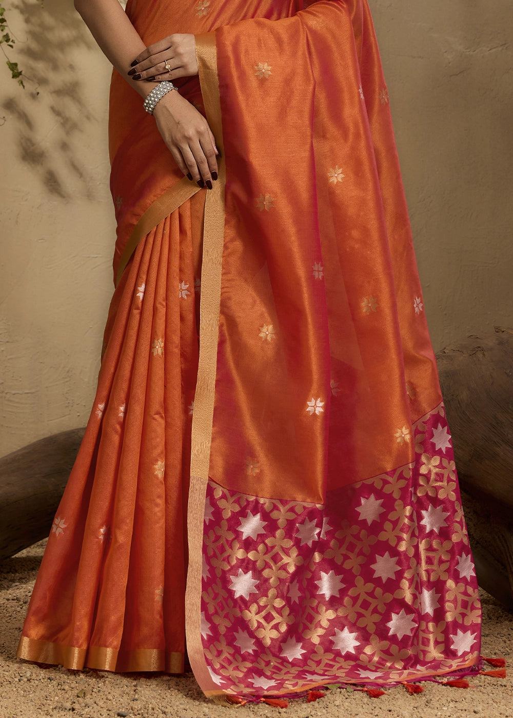Lava Orange Tussar Silk Saree with Handwoven Detailing