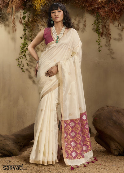 Cream White Tussar Silk Saree with Handwoven Detailing