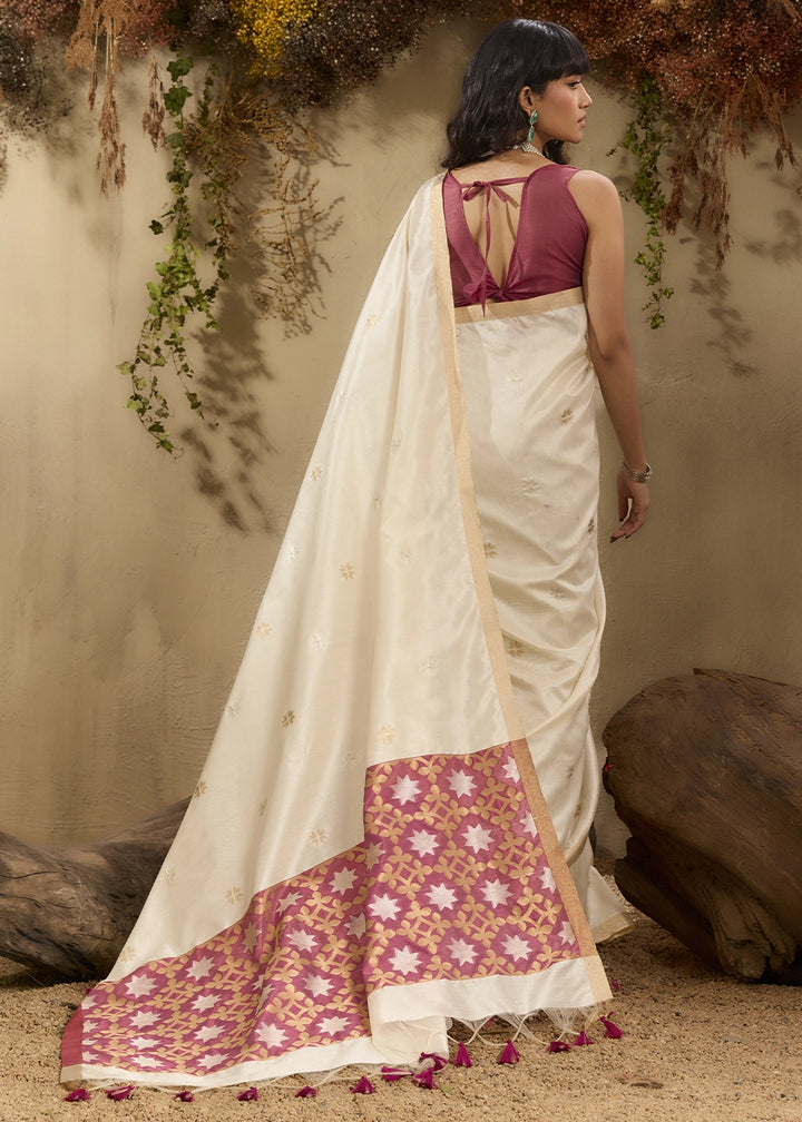 Cream White Tussar Silk Saree with Handwoven Detailing